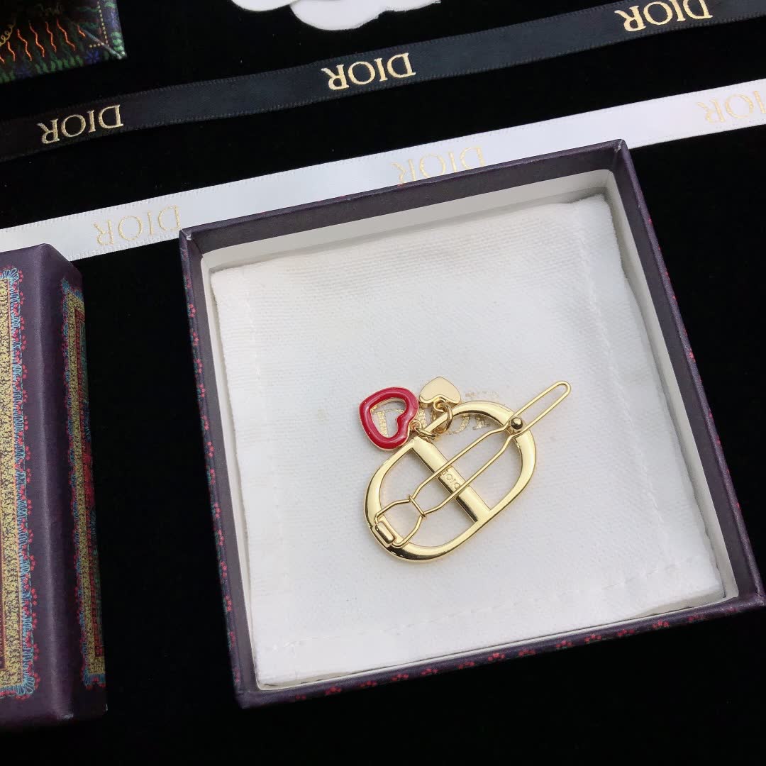 Dior Gold Tone Hair Clip with Red Heart Charm